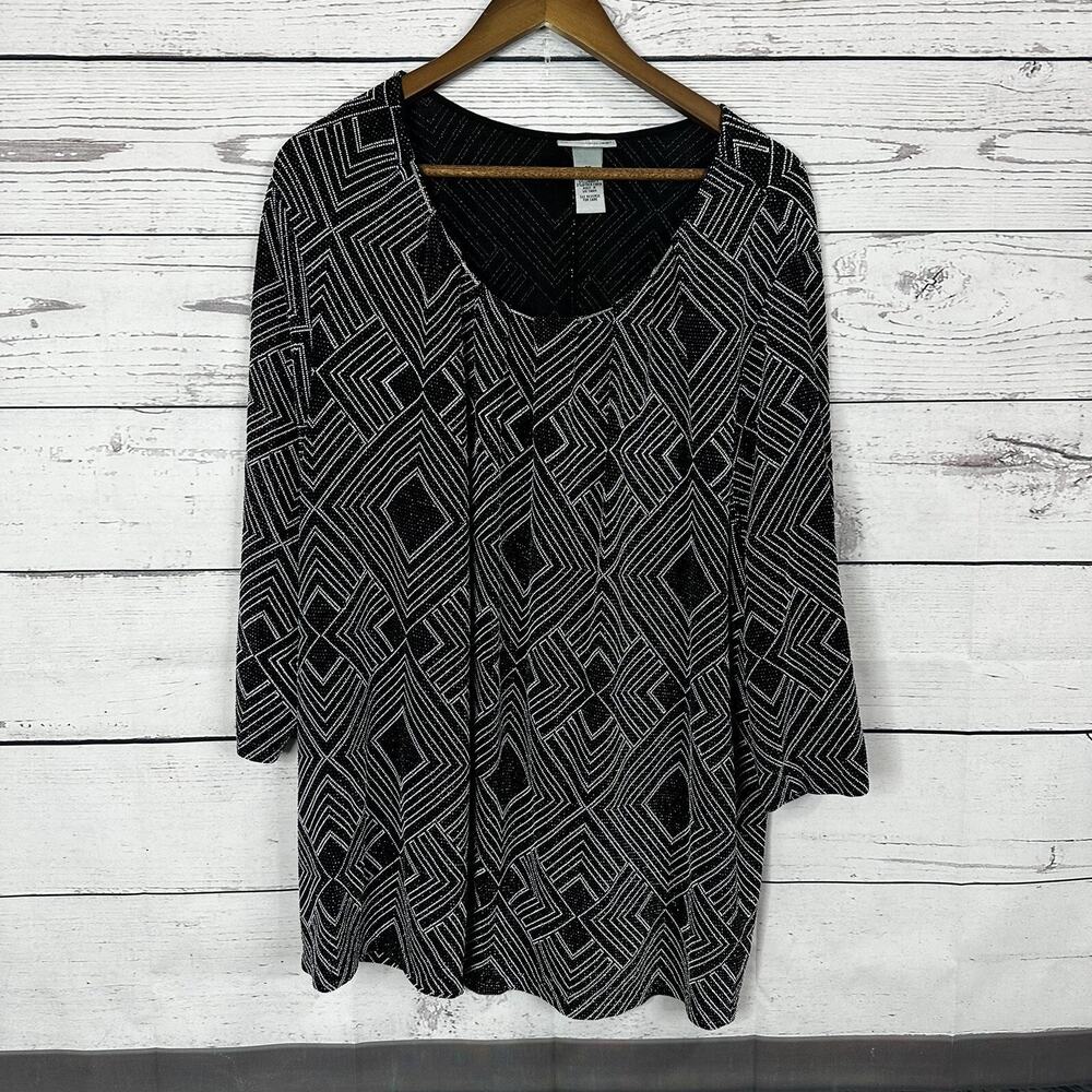 Catherines‎ Top Shirt Womens 2X Black Silver Sparkle Tunic Slinky Shimmer